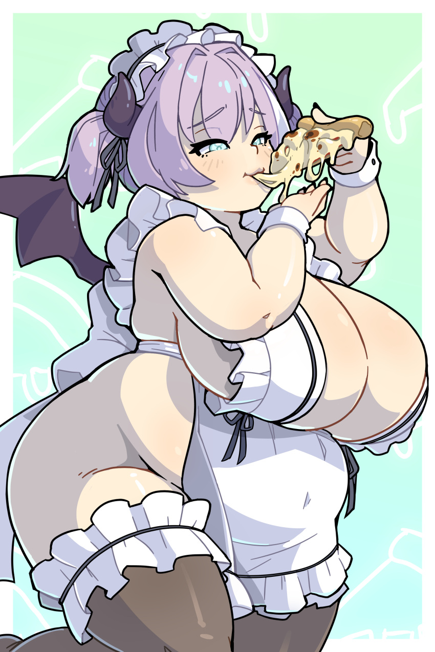 1girl absurdres agano_mai apron aqua_eyes blush border bow breasts cleavage closed_mouth covered_navel cowboy_shot eating fat food gradient_background green_background hair_intakes highres holding holding_food holding_pizza horns huge_breasts indie_virtual_youtuber maid_headdress mini_wings morningpanda naked_apron open_hand outside_border pizza purple_hair solo thick_arms thick_thighs thighhighs thighs virtual_youtuber white_border wings wrist_cuffs