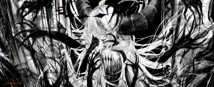 1girl absurdres black_theme commentary_request cracked_skin demon_horns ear_piercing eyes_visible_through_hair from_side greyscale hair_flowing_over highres hololive horns horror_(theme) huge_horns la+_darknesss long_hair looking_at_viewer monochrome piercing pointy_ears rainshower0705 slit_pupils spot_color striped_horns tagme very_long_hair virtual_youtuber yellow_eyes