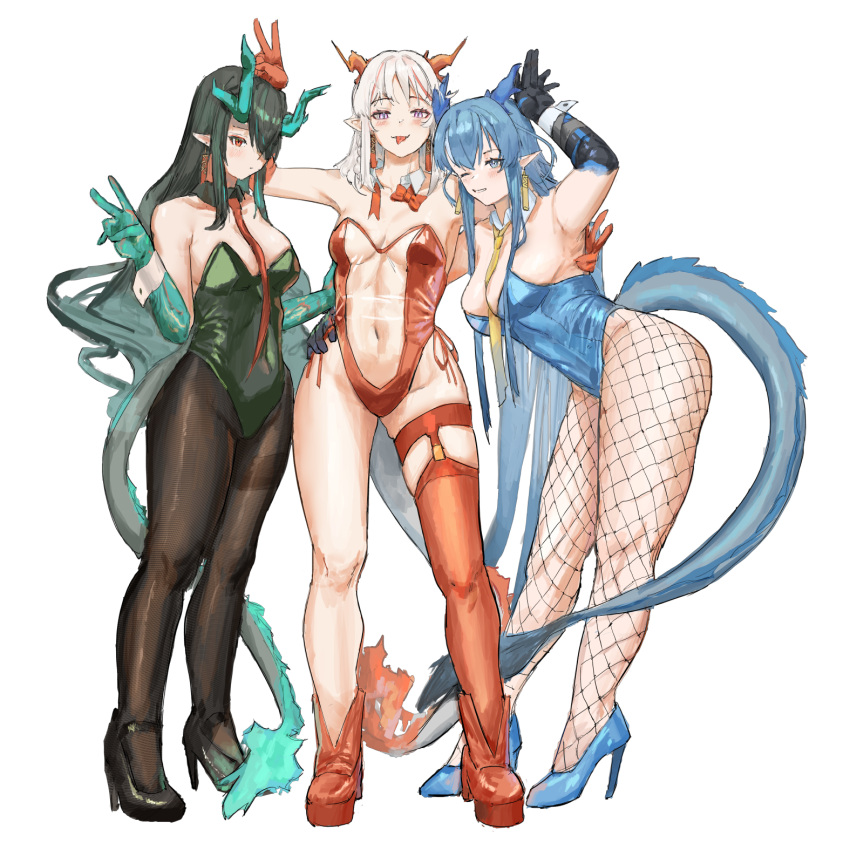 3girls arknights arm_around_shoulder arm_tattoo arm_up black_collar black_footwear black_hair black_pantyhose blue_eyes blue_footwear blue_hair blue_leotard bow bowtie braid collar colored_skin dragon_girl dragon_horns dragon_tail dusk_(arknights) earrings fishnet_pantyhose fishnets flame-tipped_tail full_body green_leotard green_skin groin hand_up high_heels highres horns jewelry leotard ling_(arknights) long_hair multiple_girls naixorth navel necktie nian_(arknights) one_eye_closed pantyhose pointy_ears purple_eyes red_bow red_bowtie red_footwear red_leotard red_necktie red_skin red_thighhighs see-through see-through_leotard simple_background single_thighhigh standing strapless strapless_leotard tail tassel tassel_earrings tattoo thigh_strap thighhighs undone_collar v very_long_hair white_background white_hair yellow_necktie