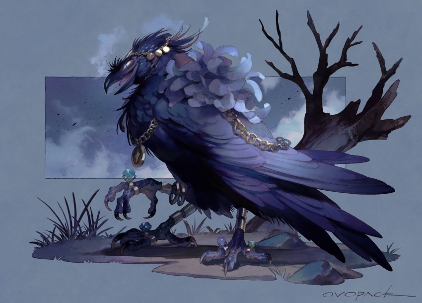 animal animal_focus artist_name bare_tree beak bird bracelet chain_necklace circlet claws cloud commentary crow extra_legs fantasy from_side full_body grass highres jewelry murayama_ryouta necklace no_humans open_mouth original outdoors ring rock signature slit_pupils solo talons tree yatagarasu