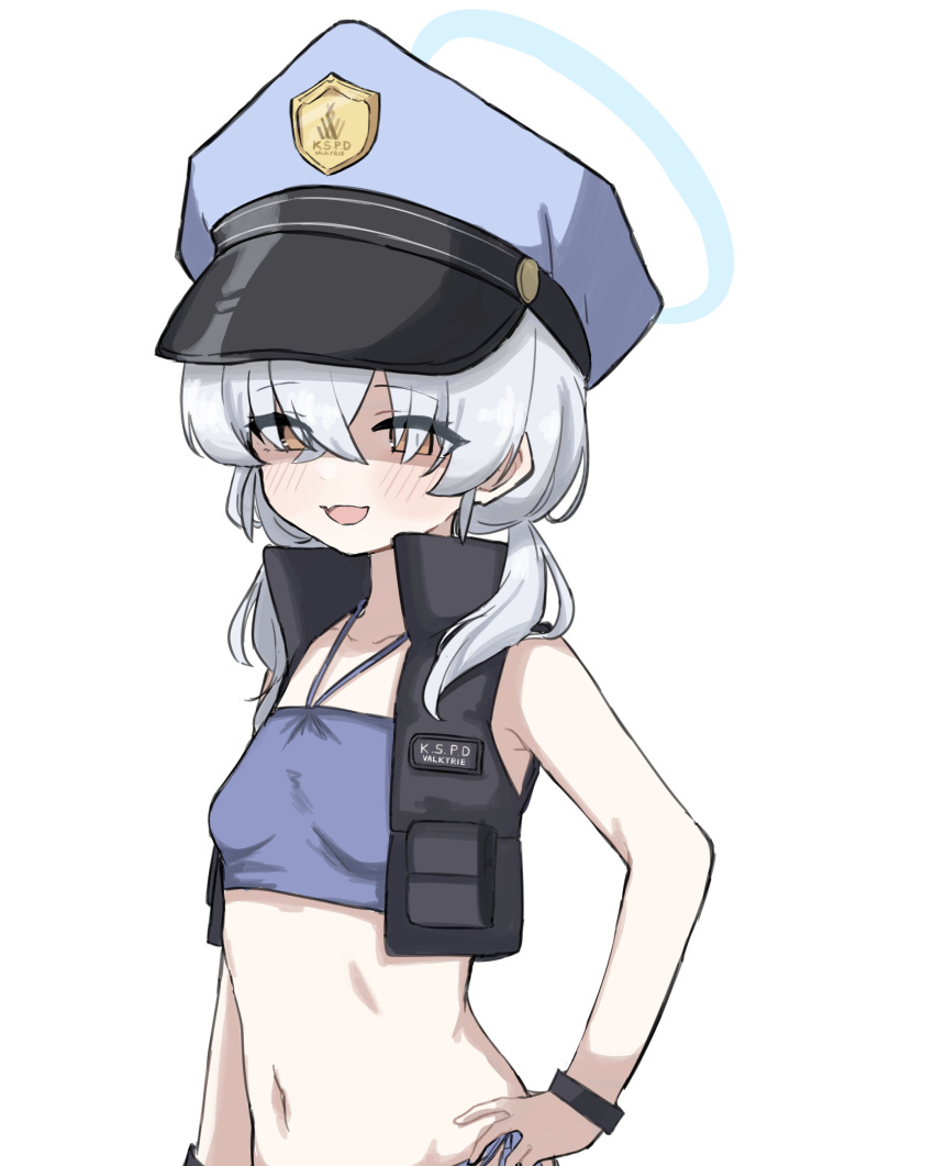 1girl absurdres bikini black_vest blue_archive blue_bikini blue_halo blue_headwear blush eyes_visible_through_hair fami_miminmin flat_chest grey_hair hair_over_eyes halo hat highres long_hair navel open_clothes open_mouth open_vest peaked_cap simple_background smile solo swimsuit upper_body valkyrie_police_academy_student_(blue_archive) vest white_background yellow_eyes