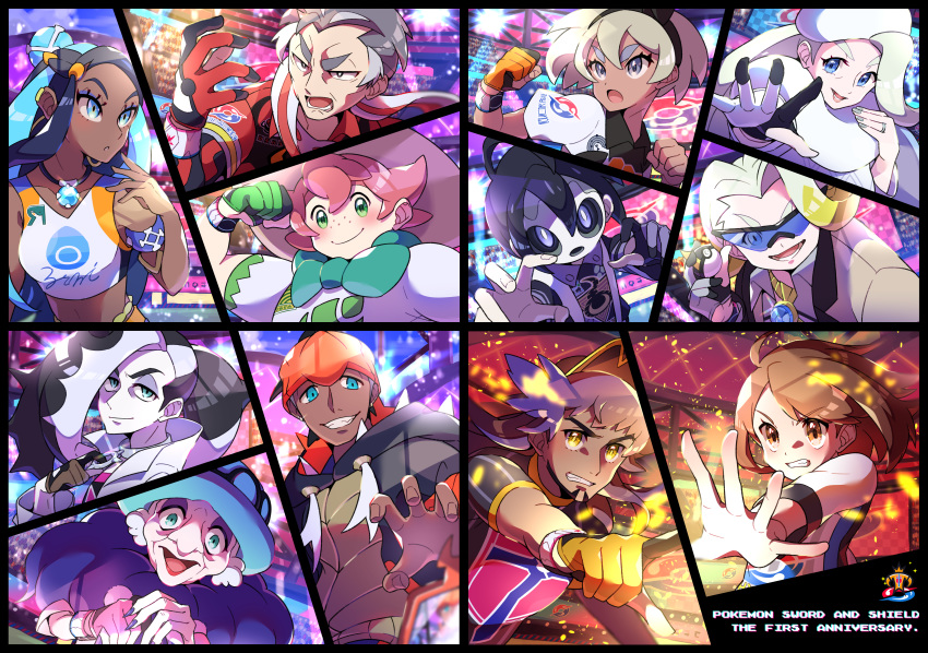 5girls 6+boys absurdres ahoge allister_(pokemon) anniversary aqua_eyes armlet bangs baseball_cap bea_(pokemon) beige_headwear belly_chain black-framed_eyewear black_eyes black_hair black_hairband black_hoodie blonde_hair blue-tinted_eyewear blue_eyes blue_eyeshadow bow_hairband brown_eyes brown_hair brown_jacket champion_uniform clenched_hands clenched_teeth closed_mouth collared_shirt commentary_request copyright_name dark_skin dark_skinned_female dark_skinned_male dynamax_band earrings embers eyebrows_visible_through_hair eyelashes eyeshadow facial_hair floating_hair freckles gloria_(pokemon) gloves gordie_(pokemon) green_eyes green_headwear gym_leader hair_between_eyes hair_bun hairband hat highres holding holding_poke_ball hood hoodie hoop_earrings jacket jewelry kabu_(pokemon) leon_(pokemon) light long_hair looking_at_viewer makeup mask melony_(pokemon) milo_(pokemon) multicolored_hair multiple_boys multiple_girls necklace nessa_(pokemon) old_woman opal_(pokemon) open_mouth partially_fingerless_gloves piers_(pokemon) pink_hair pointing poke_ball pokemon pokemon_(game) pokemon_swsh pon_yui print_shirt purple_eyeshadow purple_hair purple_scarf raihan_(pokemon) scarf shirt short_hair short_sleeves single_glove spread_fingers stadium sun_hat sunglasses suspenders teeth tongue towel towel_around_neck two-tone_hair ultra_ball white_hair white_headwear white_jacket white_scarf yellow_eyes