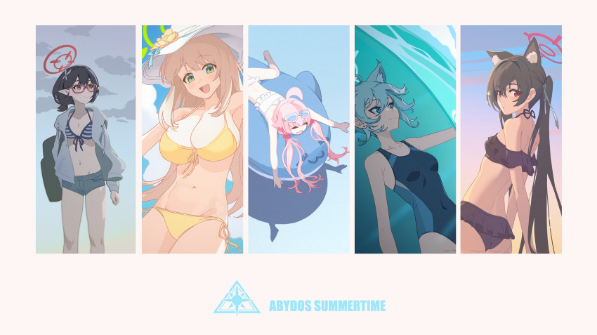 0.7_(aysatnegr) 5girls ahoge animal_ear_fluff animal_ears armpits ass ayane_(blue_archive) ayane_(swimsuit)_(blue_archive) bare_arms bare_legs bare_shoulders barefoot bikini black_bikini black_hair black_one-piece_swimsuit blue-tinted_eyewear blue_archive blue_eyes blue_halo blue_shorts blush breasts cat_ears cleavage closed_eyes closed_mouth collarbone competition_swimsuit covered_navel extra_ears eyewear_on_head frilled_bikini frills front-tie_bikini_top front-tie_top glasses green_eyes green_halo grey_hair grey_jacket groin halo hat highres hoshino_(blue_archive) hoshino_(swimsuit)_(blue_archive) inflatable_toy inflatable_whale jacket large_breasts light_brown_hair long_hair medium_breasts medium_hair multiple_girls navel nonomi_(blue_archive) nonomi_(swimsuit)_(blue_archive) official_alternate_costume one-piece_swimsuit open_clothes open_jacket open_mouth pink_hair pointy_ears red-framed_eyewear red_eyes red_halo serika_(blue_archive) serika_(swimsuit)_(blue_archive) shiroko_(blue_archive) shiroko_(swimsuit)_(blue_archive) short_hair shorts side-tie_bikini_bottom small_breasts smile spread_legs striped striped_bikini sunglasses swimsuit tinted_eyewear twintails water white_bikini white_headwear wolf_ears yellow_bikini yellow_eyes