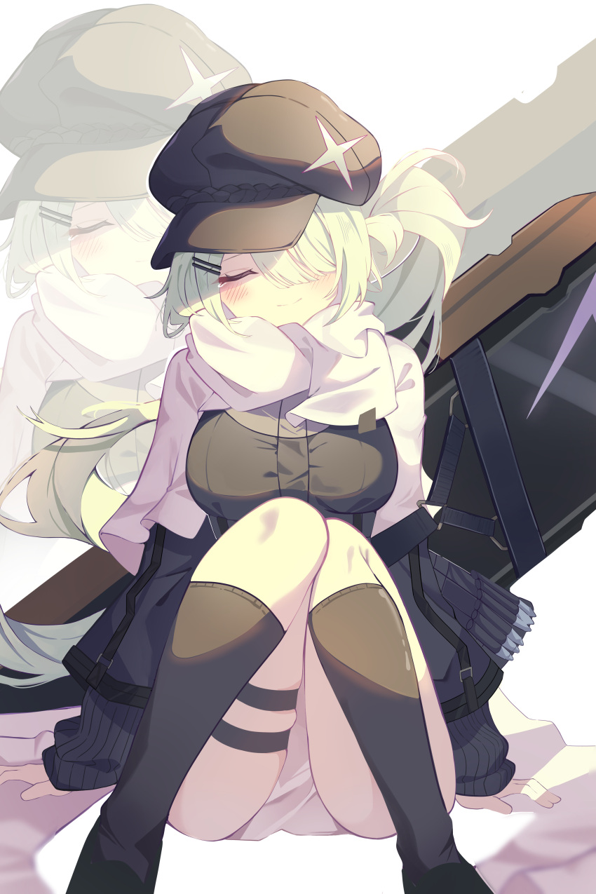 1girl absurdres ass black_headwear black_jacket black_socks black_sweater blue_archive blush breasts cabbie_hat closed_mouth green_hair hair_over_one_eye hat highres hiyori_(blue_archive) jacket kneehighs large_breasts long_hair scarf side_ponytail sisong smile socks solo sweater white_scarf