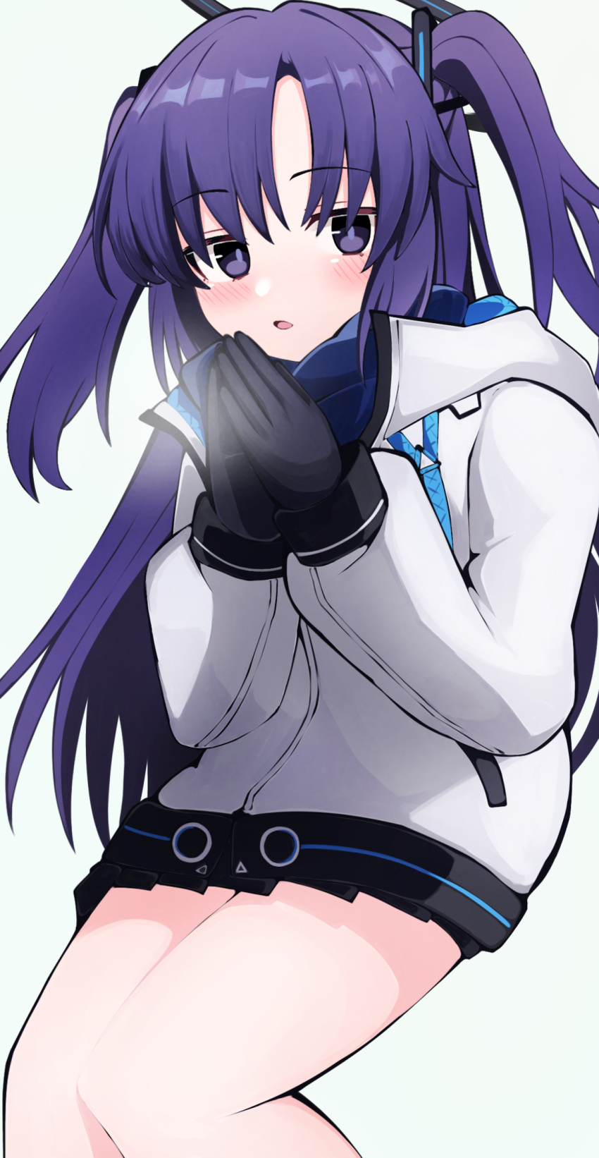 1girl black_halo blue_archive blue_eyes cold halo highres jacket long_hair long_sleeves looking_at_viewer purple_eyes solo thighs two_side_up white_jacket yun_(kbdenz9) yuuka_(blue_archive)