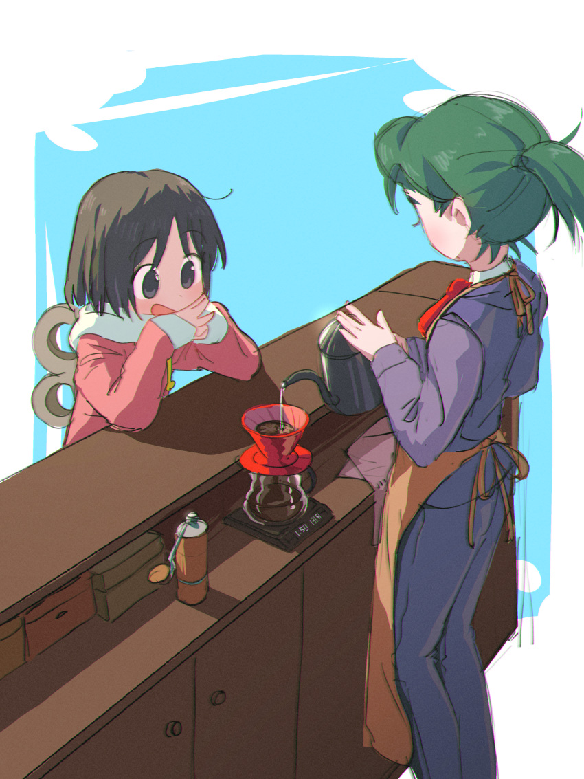 2girls absurdres android apron barista brown_eyes brown_hair chromatic_aberration coffee_filter coffee_grinder coffee_maker counter crossover drawstring elbow_rest facing_another green_hair hatsuseno_alpha head_rest highres holding holding_kettle hood hood_down hoodie jean_bomjan kettle kitchen_scale looking_at_object medium_hair multiple_girls necktie nichijou no_earrings open_mouth pants pink_hoodie pitcher_(container) ponytail pouring red_necktie shinonome_nano shirt simple_background smile trait_connection two-tone_background weighing_scale winding_key yokohama_kaidashi_kikou