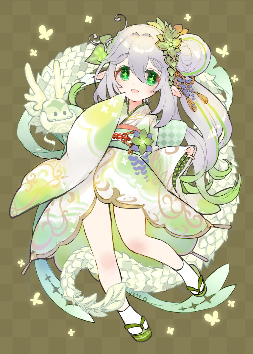 1girl alternate_costume chinese_zodiac cross-shaped_pupils full_body furisode genshin_impact gradient_hair green_eyes green_hair green_kimono grey_hair hair_between_eyes hair_bun hair_ornament happy_new_year highres japanese_clothes kimono leaf_hair_ornament long_hair long_sleeves looking_at_viewer multicolored_hair nahida_(genshin_impact) okobo open_mouth pointy_ears ponytail sandals single_side_bun sleeves_past_wrists socks solo streaked_hair symbol-shaped_pupils tabi toro_astro two-tone_hair white_socks year_of_the_dragon