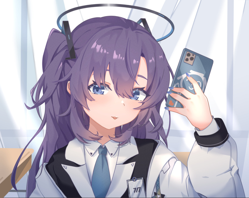 1girl 8_nana_usagi blue_archive blue_eyes blue_necktie cellphone collared_shirt hair_between_eyes halo highres holding holding_phone id_card jacket long_hair long_sleeves looking_at_viewer mechanical_halo necktie phone purple_hair shirt smartphone solo suit tongue tongue_out two_side_up upper_body white_jacket white_shirt yuuka_(blue_archive)