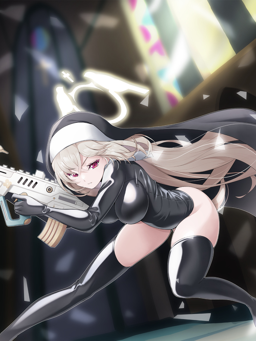 1girl black_leotard black_thighhighs blue_archive breasts coif commentary_request grey_hair gun habit halo highres holding holding_gun holding_weapon indoors koflif large_breasts latex latex_leotard leotard long_hair nun open_mouth red_eyes sakurako_(blue_archive) solo stained_glass thighhighs weapon yellow_halo
