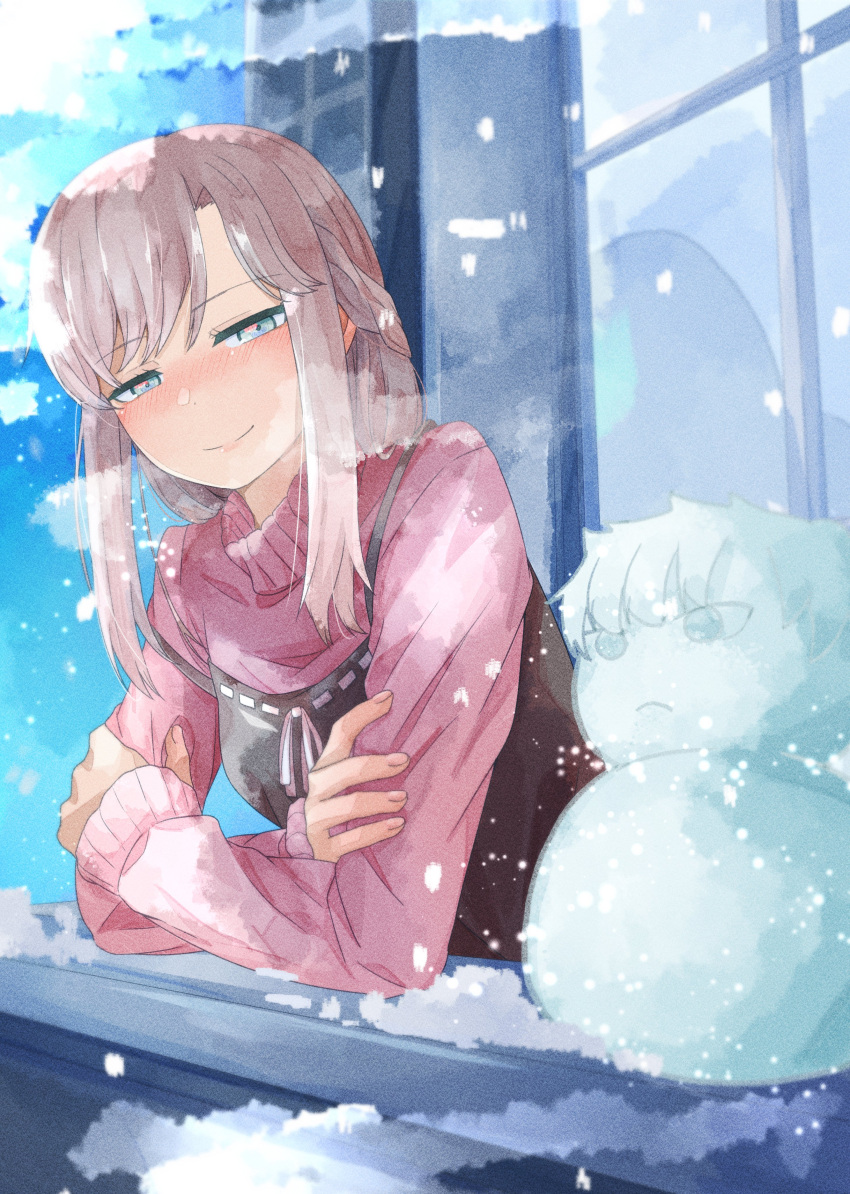 1girl absurdres blue_eyes dress haribo_no_suke hentai_prison highres ice looking_at_another snow snowing winter winter_clothes