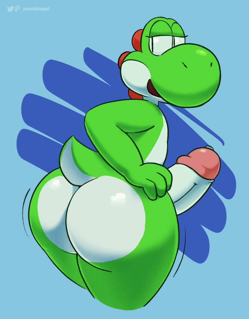 2020 anthro big_butt big_penis bodily_fluids butt digital_media_(artwork) dinosaur erection genital_fluids genitals green_yoshi hand_on_hip hi_res huge_butt huge_penis humanoid_genitalia humanoid_penis looking_back male mario_bros motion_lines nintendo nude open_mouth panickingad penis precum presenting presenting_hindquarters reptile scalie simple_background smile solo thick_thighs video_games wide_hips yoshi