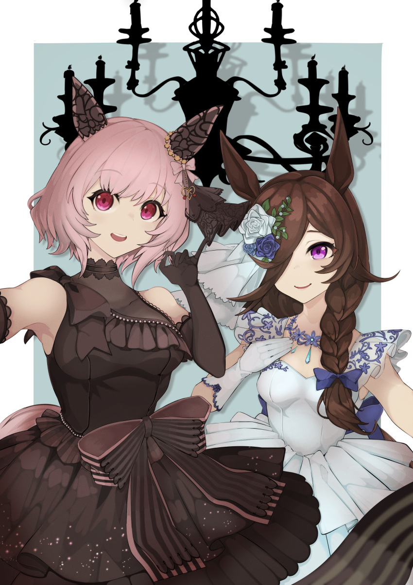 2girls :d absurdres animal_ears bare_shoulders black_dress black_gloves blue_flower blue_rose border bow brown_hair curren_chan_(sakutsuki_ma_cherie)_(umamusume) curren_chan_(umamusume) dress dress_bow ear_covers elbow_gloves flower gloves hair_over_one_eye hand_on_own_chest highres horse_ears horse_girl konpota_(kon_potamk2) long_hair multiple_girls official_alternate_costume pink_eyes pink_hair purple_eyes rice_shower_(longed-for_scenery)_(umamusume) rice_shower_(umamusume) rose sleeveless sleeveless_dress smile umamusume wedding_dress white_border white_gloves