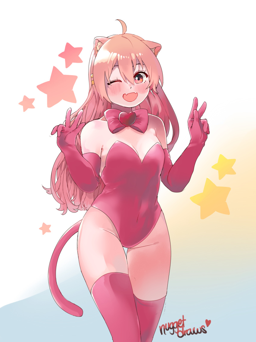 3:4 animal_humanoid anthro arm_warmers armwear blush breasts cat_humanoid clothing curvy_figure domestic_cat felid felid_humanoid feline feline_humanoid felis female hair hi_res humanoid legwear long_hair mammal mammal_humanoid nugget_draws one_eye_closed pink_clothing pink_hair ribbons simple_background small_breasts small_ears smile solo solo_focus star stockings