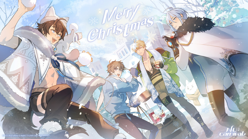 4boys bags_under_eyes bishounen black_gloves blonde_hair blue_eyes blue_gemstone blue_hair brown_hair edmond_(nu_carnival) eiden_(nu_carnival) english_commentary ermine ferret garu_(nu_carnival) gem gloves highres knight light_blue_hair light_brown_hair long_hair long_sleeves looking_at_viewer male_focus merry_christmas multiple_boys muscular muscular_male nu_carnival official_art open_mouth pectorals quincy_(nu_carnival) short_hair topper_(nu_carnival) weasel