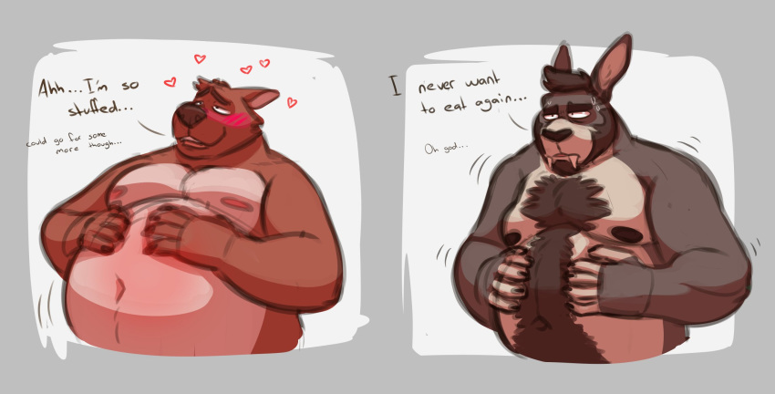 &lt;3 2020 anthro belly big_belly black_hair blush bodily_fluids body_hair brown_body brown_fur canid canine canis dialogue domestic_dog duo ear_piercing expectation_vs_reality facial_hair fangs fur grey_body grey_fur hair hands_on_belly hi_res kangaroo lizard_soup long_ears looking_pleasured macropod male mammal marsupial musclegut muscular navel nipples overweight pecs piercing shaking stomach_ache sweat trembling
