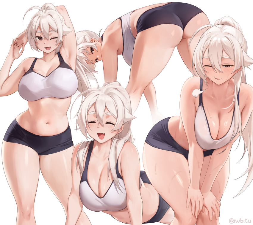 1girl ahoge arm_behind_head arm_up armpits ass bare_shoulders bent_over black_shorts blush breasts brown_eyes cleavage closed_eyes highres iwbitu large_breasts leaning_forward long_hair looking_back multiple_views navel nyopu one_eye_closed open_mouth original parted_lips ponytail short_shorts shorts sidelocks smile sports_bra stretching thick_thighs thighs white_hair white_sports_bra