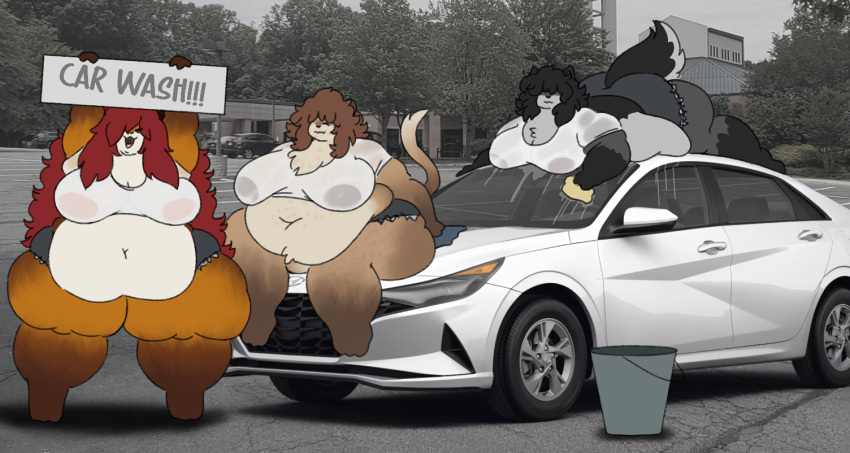 2023 anthro belly big_breasts biped black_hair breast_rest breasts brown_hair canid canine canis car car_wash chest_tuft chubby_female clothed clothing curvy_figure digital_drawing_(artwork) digital_media_(artwork) felid female fox freckles freckles_on_breasts freckles_on_face freckles_on_thighs fur hair huge_breasts lion long_hair lucy_(mexifurfoof) mammal maple_(mexifurfoof) martha_(mexifurfoof) mexifurfoof nipples obese obese_anthro obese_female overweight overweight_anthro overweight_female pantherine red_hair shirt smile tail text thick_thighs topwear tuft vehicle visible_nipples voluptuous wet wet_clothing wet_shirt wet_topwear wide_hips wolf