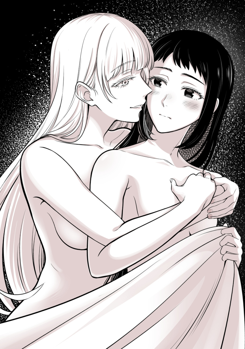 2girls bed_sheet black_hair blunt_bangs blush breasts closed_mouth collarbone colored_eyelashes completely_nude couple eyelashes hair_down highres hug hug_from_behind igarashi_sayaka kakegurui kanbayashi_makoto large_breasts light_smile long_hair looking_at_another momobami_kirari monochrome multiple_girls nude official_alternate_hairstyle open_mouth short_bangs sidelocks smile white_hair yuri