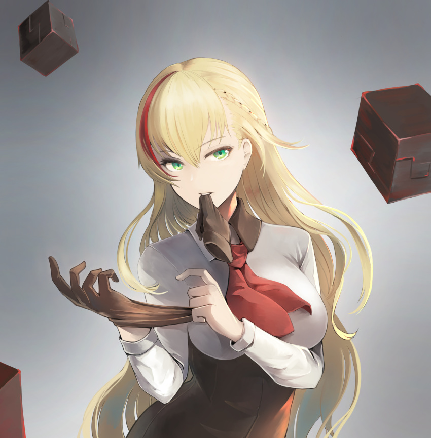 1girl absurdres blonde_hair braid brown_gloves character_request chinese_commentary commentary_request glove_in_mouth gloves green_eyes grey_background highres long_hair looking_at_viewer mouth_hold multicolored_hair necktie red_hair red_neckwear removing_glove shadowverse simple_background solo streaked_hair upper_body yuuge_ningen
