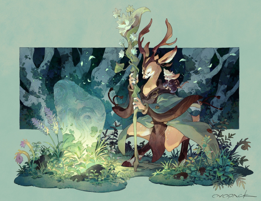 1other androgynous animal_ears animal_on_shoulder antlers artist_name body_fur brown_fur bush closed_eyes cloven_hooves coat commentary deer_ears deer_tail digitigrade falling_petals fewer_digits flower forest from_side full_body furry furry_other glowing grass green_background green_coat highres holding holding_staff hooves legs_apart long_sleeves moss mouse murayama_ryouta nature night on_shoulder open_mouth original outdoors petals plant rock signature simple_background staff standing tail toeless_legwear tree white_flower