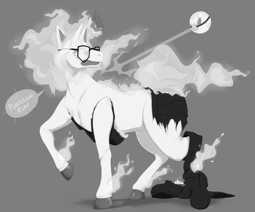 2020 absurd_res ambiguous_gender clothing equid eyewear female_(lore) feral glasses grey_background hi_res hooves horn mammal mentalcrash monochrome nintendo open_mouth pok&eacute;mon pok&eacute;mon_(species) rapidash simple_background solo torn_clothing transformation video_games