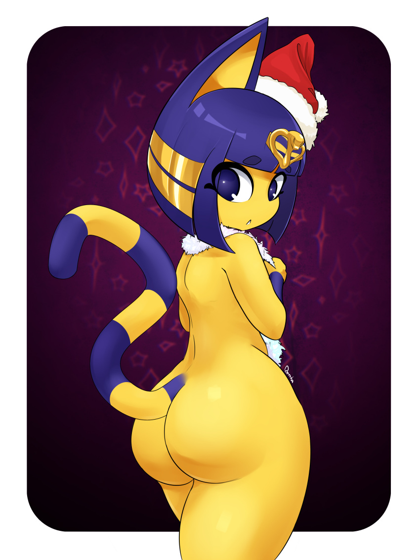 absurd_res animal_crossing ankha_(animal_crossing) blue_eyes blue_hair breasts butt butt_focus christmas christmas_clothing christmas_headwear clothing domestic_cat felid feline felis female hair hat headgear headwear hi_res holidays looking_at_viewer mammal nintendo nude open_mouth raised_tail rear_view renta santa_hat solo tail yellow_body