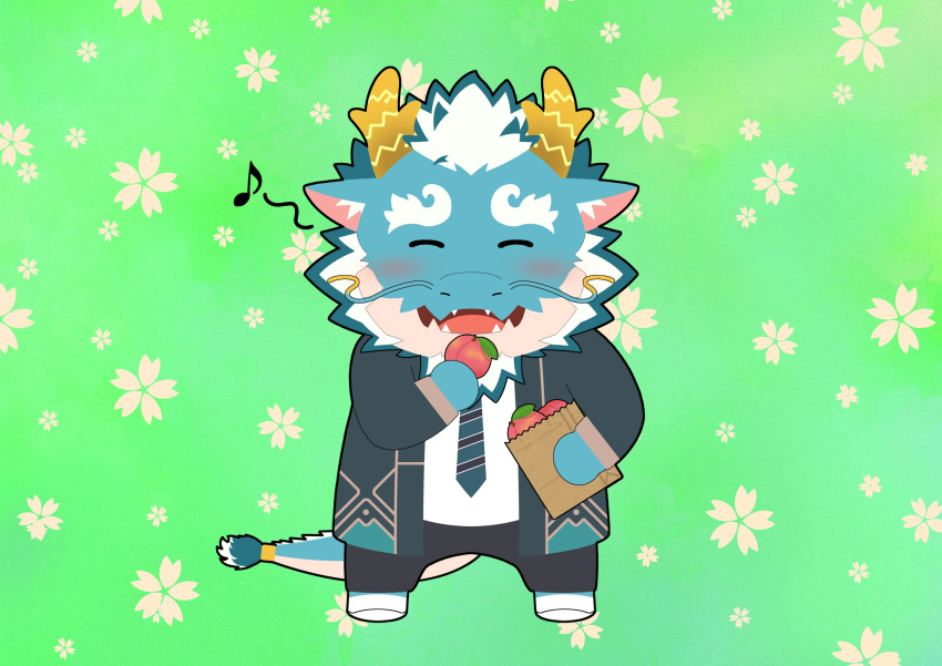 1boy ^_^ absurdres animal_ear_fluff aqua_hair aqua_skin bara beard blush chibi chinese_zodiac closed_eyes dragon_boy dragon_horns facial_hair floral_background food fruit full_beard full_body furry furry_male green_background happy highres horns huge_eyebrows koma_(xxg3jhv8teo4vnd) long_mustache male_focus multicolored_hair necktie peach qinglong_(housamo) solo straight-on striped_necktie thick_beard tokyo_afterschool_summoners two-tone_beard two-tone_hair white_hair year_of_the_dragon