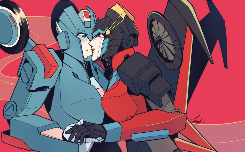 1girl android blue_eyes breasts brush_(brush2h) chromia colored_skin commission helmet highres holding_hands humanoid_robot kiss mechanical_wings medium_breasts red_lips robot robot_girl transformers windblade wings yama_(chroming) yuri