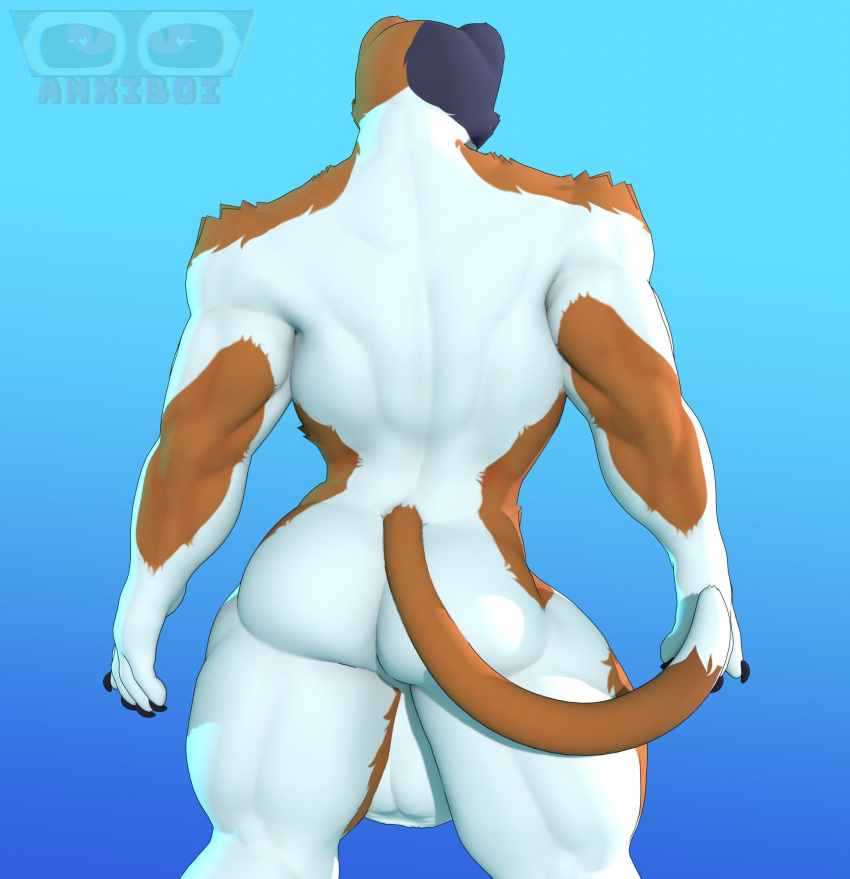 5_fingers abs anthro anxiboi balls big_balls big_butt blue_background brown_body brown_fur butt calico_cat claws domestic_cat epic_games felid feline felis fingers fortnite fur genitals hi_res male mammal meowscles multicolored_body multicolored_fur muscular muscular_anthro muscular_male simple_background solo thick_thighs white_body white_fur