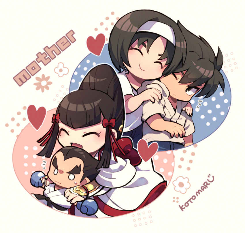 2boys 2girls black_hair blank_eyes boxing_gloves closed_eyes closed_mouth english_text hairband hand_on_another's_shoulder heart hug jacket japanese_clothes kazama_jin kazama_jun kimono kotorai mishima_kazumi_(tekken) mishima_kazuya mother_and_son multiple_boys multiple_girls one_eye_closed open_mouth red_ribbon ribbon shirt signature smile sweatdrop tekken white_hairband white_jacket white_kimono white_shirt