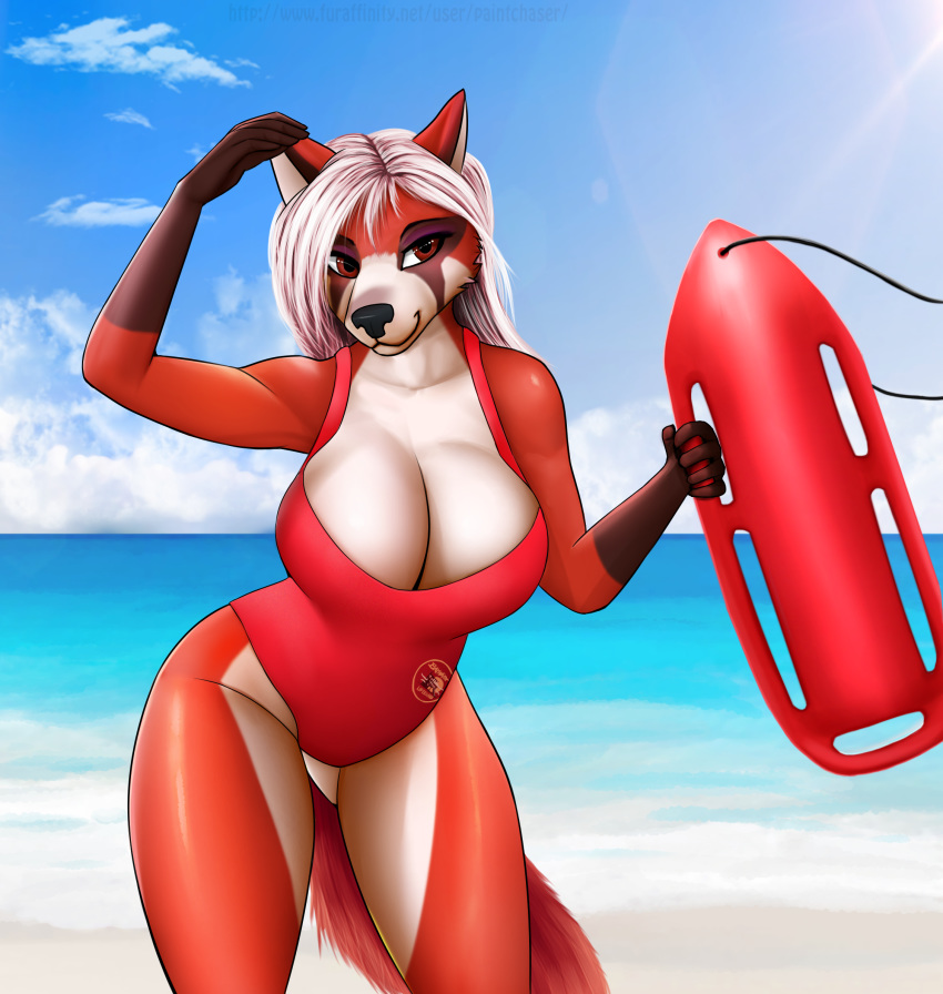 anthro breasts canid canine cleavage clothed clothing female fox hair hi_res lifeguard mammal paintchaser sea solo swimwear water