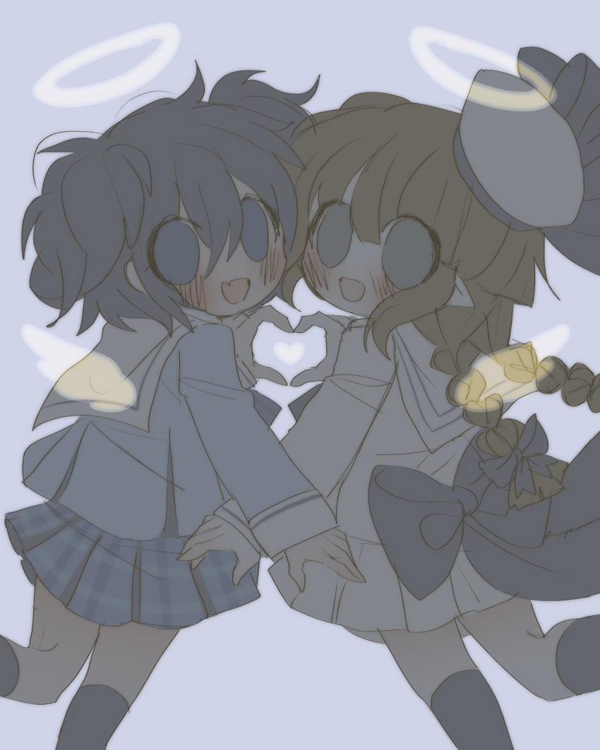 2girls :d absurdres angel angel_wings black_thighhighs blue_bow blue_eyes blue_hair blue_serafuku blue_skirt blush bow braid brown_hair character_request colored_skin copyright_request crossover dress funamusea grey_eyes hair_bow halo hat heart heart_hands heart_hands_duo highres light_blue_background looking_at_viewer multiple_girls oounabara_to_wadanohara open_mouth petite plaid plaid_skirt pleated_skirt pointy_ears q7g7q sailor_collar sailor_dress sailor_hat school_uniform serafuku short_twintails simple_background skirt smile thighhighs transparent_wings twin_braids twintails wadanohara white_dress white_sailor_collar white_skin wings yellow_halo yellow_wings