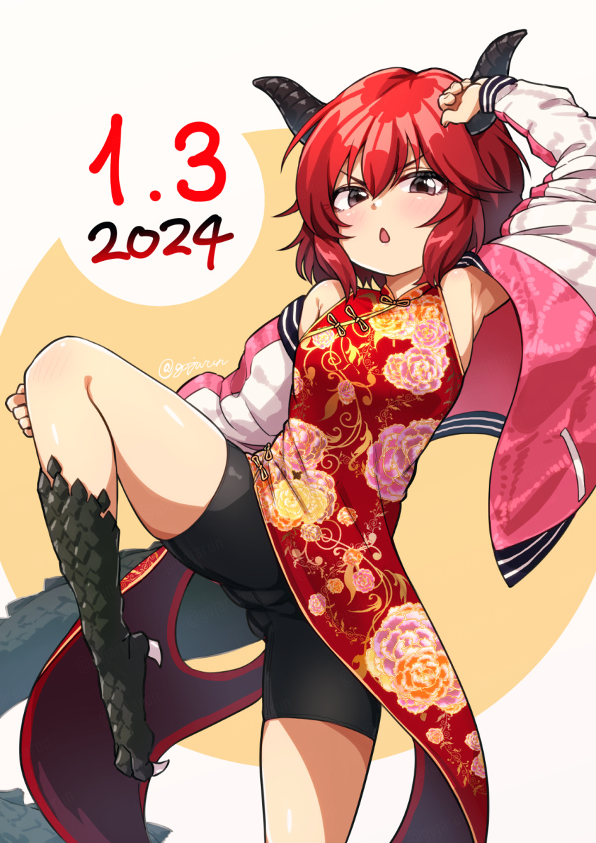 1girl :o animal_feet arm_up armpits bike_shorts black_shorts blush breasts china_dress chinese_clothes commentary_request dated dragon_claw dragon_horns dragon_tail dress floral_print foot_out_of_frame gojarun highres horns idolmaster idolmaster_cinderella_girls jacket looking_at_viewer murakami_tomoe red_dress red_hair shorts sleeveless sleeveless_dress small_breasts solo standing standing_on_one_leg sukajan tail twitter_username