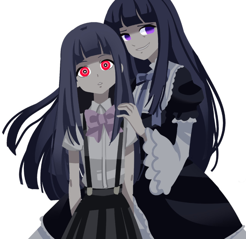 2girls bow bowtie frederica_bernkastel furude_rika gativ0 glowing glowing_eyes highres higurashi_no_naku_koro_ni long_hair multiple_girls puffy_sleeves purple_eyes purple_hair red_eyes skirt suspenders umineko_no_naku_koro_ni