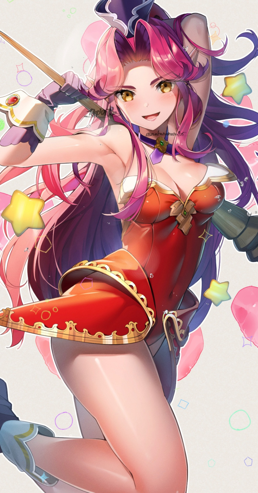 1girl :d angela_(seiken_densetsu_3) bare_shoulders breasts cleavage commentary_request covered_navel earrings gloves green_eyes hat highres jewelry leotard long_hair looking_at_viewer medium_breasts nakano_maru open_mouth pointy_ears purple_hair red_leotard seiken_densetsu seiken_densetsu_3 shiny_skin smile solo staff star_(symbol) thighs very_long_hair yellow_eyes