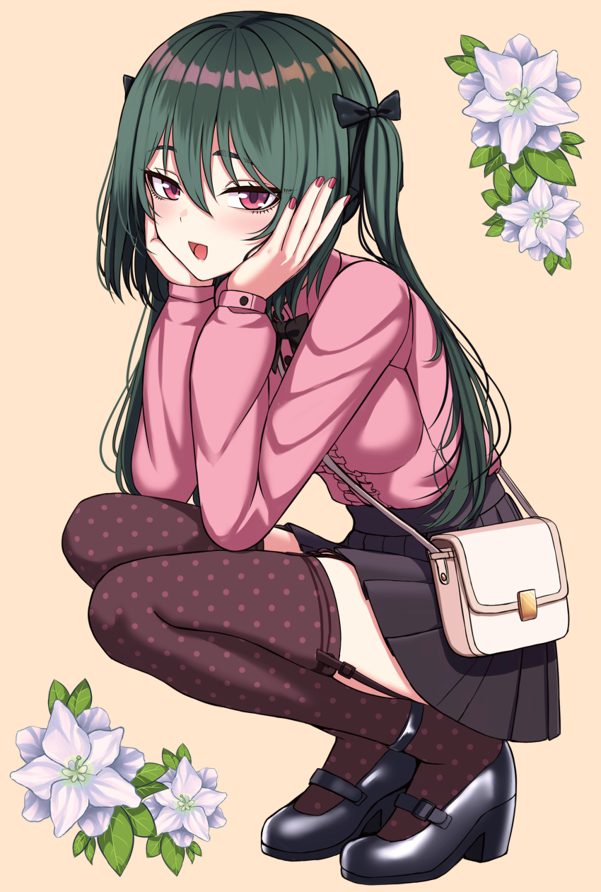 1girl absurdres black_skirt brown_background brown_thighhighs flower green_hair highres jirai_kei long_hair looking_at_viewer original pink_eyes pink_nails pink_shirt polka_dot_thighhighs shirt skirt solo squatting thighhighs white_flower yakob_labo zettai_ryouiki