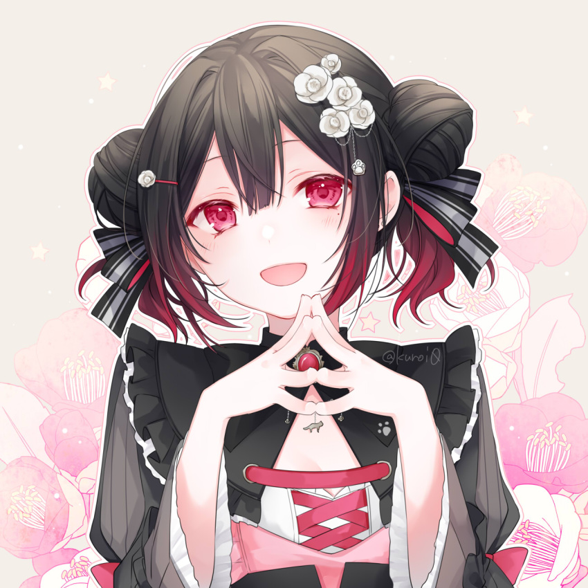 1girl :d black_hair bow breasts brooch copyright_request double_bun floral_background flower frills grey_shirt hair_between_eyes hair_bun hair_flower hair_ornament hairclip hands_up highres jewelry juliet_sleeves kuroi_(liar-player) long_sleeves puffy_sleeves red_eyes red_hair shirt small_breasts smile solo steepled_fingers striped striped_bow twintails twitter_username upper_body white_flower wide_sleeves