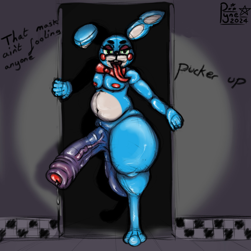 3_toes 5_fingers absurd_res animatronic anthro balls bedroom_eyes big_balls big_penis bodily_fluids bow_tie dark_room english_text feet fingers five_nights_at_freddy's five_nights_at_freddy's_2 floppy_ears foreskin fupa genital_fluids genitals hi_res huge_balls huge_penis hyper hyper_balls hyper_genitalia hyper_penis lagomorph leporid long_tongue machine male mammal narrowed_eyes nipples penis precum pyne_(artist) rabbit robot scottgames seductive slightly_chubby slightly_chubby_male solo text thick_thighs toes tongue toy_bonnie_(fnaf) vein veiny_penis