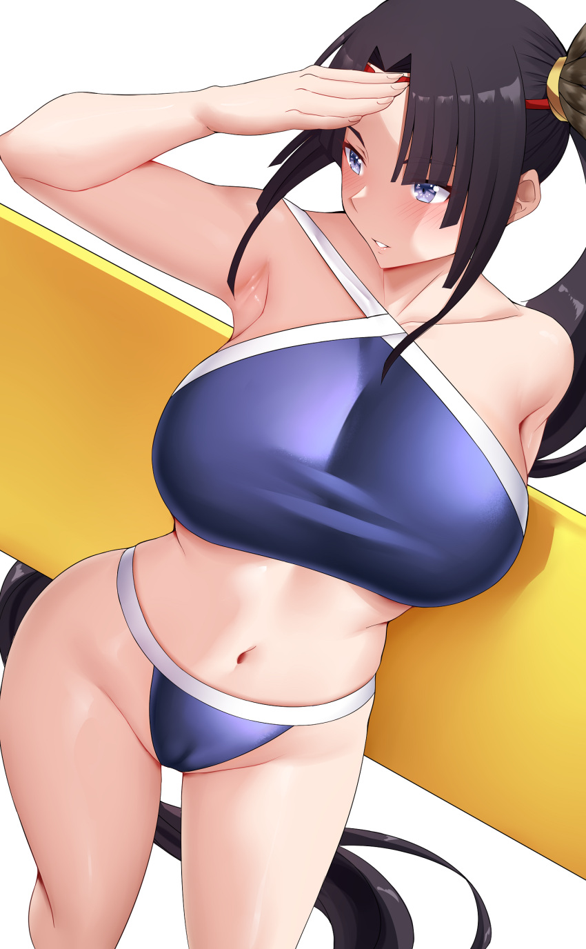 1girl absurdres arind_yudha arm_up armpits bare_arms bare_shoulders bikini black_hair blue_bikini blue_eyes blush breasts fate/grand_order fate_(series) highres holding holding_surfboard large_breasts long_hair navel parted_lips ponytail smile solo stomach surfboard swimsuit thighs ushiwakamaru_(fate) ushiwakamaru_(swimsuit_assassin)_(fate) ushiwakamaru_(swimsuit_assassin)_(first_ascension)_(fate) very_long_hair