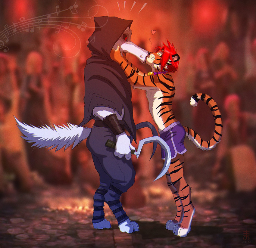 &lt;3 anthro bell bell_collar bengal_tiger boxers_(clothing) canid canine canis claws clothed clothing collar crowd death_(puss_in_boots) dreamworks dual_wielding duo eyes_closed face_grab fan_character felid fur group hair hi_res holding_object holding_weapon hood hood_up kiss_on_lips kissing looking_at_another male male/male mammal musical_note orange_body orange_fur orange_hair outside pantherine public puss_in_boots_(dreamworks) red_eyes shirtless sickle size_difference standing surprised_expression tiger topless underwear weapon white_body white_fur wolf zenthetiger
