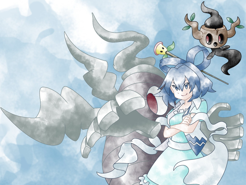 1girl blue_background blue_dress blue_eyes blue_hair chisel closed_mouth commentary crossed_arms crossover dress dusclops english_commentary greatmothsucks hair_ribbon highres kaku_seiga phantump ribbon smile touhou vest white_vest