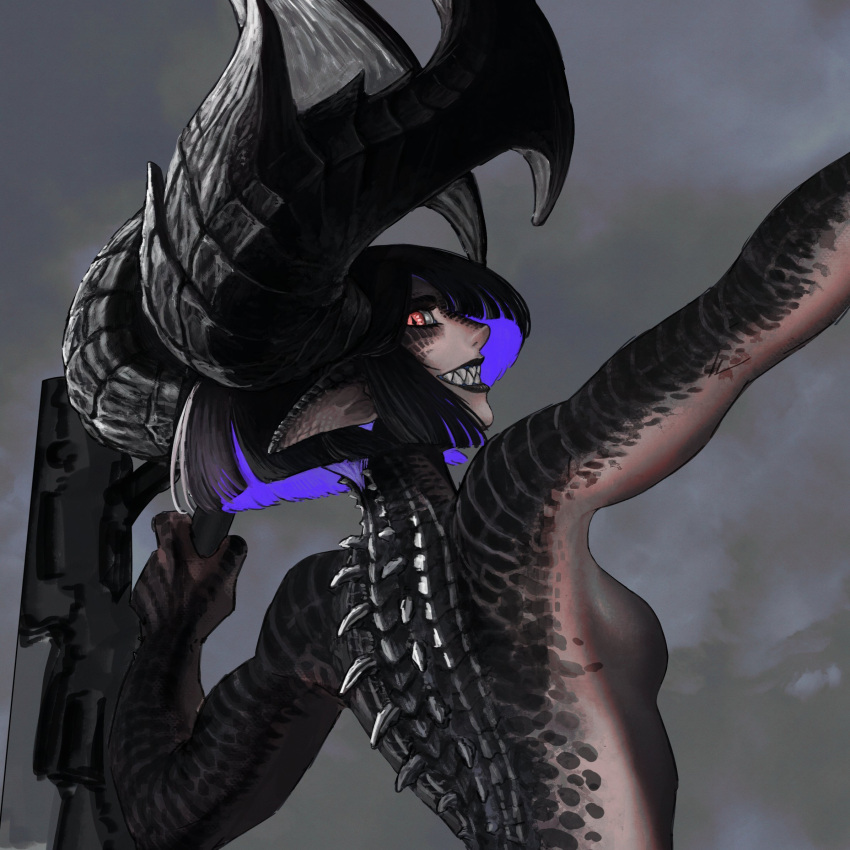 1girl 202vincent arm_up black_hair blunt_ends bob_cut breasts colored_inner_hair colored_skin dragon_ears dragon_girl facial_mark from_behind from_side grey_skin grin gun hand_up highres holding holding_gun holding_weapon horns large_horns looking_at_viewer medium_breasts multicolored_hair multicolored_skin no_nose nude original outstretched_arm pointy_ears profile purple_hair red_eyes scales sharp_teeth sideways_glance slit_pupils smile solo teeth upper_body weapon