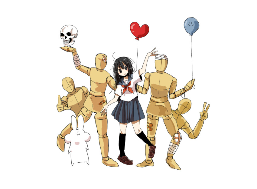 1girl :o ahoge arm_up balloon bandaged_head bandages bandaid bangs black_eyes black_hair black_legwear blue_sailor_collar blue_skirt blush brown_footwear commentary_request heart_balloon kneehighs loafers long_hair manmi mannequin neckerchief original pleated_skirt pose red_neckwear sailor_collar shoes short_sleeves simple_background skirt skull smiley_face solo stuffed_animal stuffed_bunny stuffed_toy v white_background