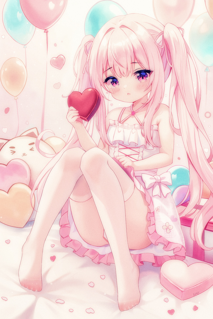 1girl absurdres balloon bare_arms bare_shoulders box breasts copyright_request dress frilled_dress frills full_body heart-shaped_box highres kinoshita_ringo_(ryve5758) long_hair no_shoes open_mouth pink_eyes pink_hair sitting sleeveless sleeveless_dress small_breasts solo thighhighs toes twintails white_dress white_thighhighs