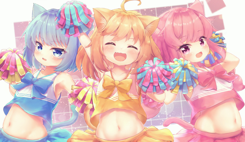 3girls absurdres animal_ears ao_(butterfly_cat) bare_shoulders blue_bow blue_eyes blue_hair blue_shirt blue_skirt blush bow breasts butterfly_cat cat_ears cat_girl cat_tail cheerleader chrocatz closed_eyes collarbone commentary_request cropped_shirt facing_viewer highres hina_(butterfly_cat) holding holding_pom_poms looking_at_viewer midriff momo_(butterfly_cat) multiple_girls navel open_mouth orange_bow orange_hair orange_shirt orange_skirt pink_bow pink_eyes pink_hair pink_shirt pink_skirt pom_pom_(cheerleading) shirt skirt sleeveless sleeveless_shirt small_breasts tail upper_body