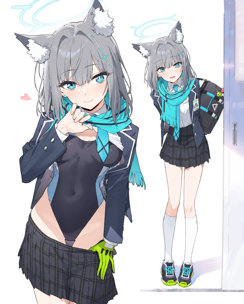 1girl :d animal_ear_fluff animal_ears aqua_scarf bag black_footwear black_skirt blazer blue_archive blue_eyes blue_hair blue_jacket blush breasts clothes_lift clothes_pull collared_shirt competition_swimsuit covered_navel cross_hair_ornament ear_piercing gloves green_gloves grey_hair hair_between_eyes hair_ornament halo hayashi_kewi heart highres holding holding_bag jacket kneehighs leaning_forward lifted_by_self long_sleeves looking_at_viewer medium_hair miniskirt mismatched_pupils multiple_views one-piece_swimsuit open_clothes open_jacket piercing plaid plaid_skirt pleated_skirt scarf shiroko_(blue_archive) shiroko_(swimsuit)_(blue_archive) shirt shirt_lift shoes simple_background single_glove skirt skirt_pull small_breasts smile sneakers socks standing swimsuit thigh_gap thighs two-tone_swimsuit undressing white_background white_shirt white_socks wolf_ears