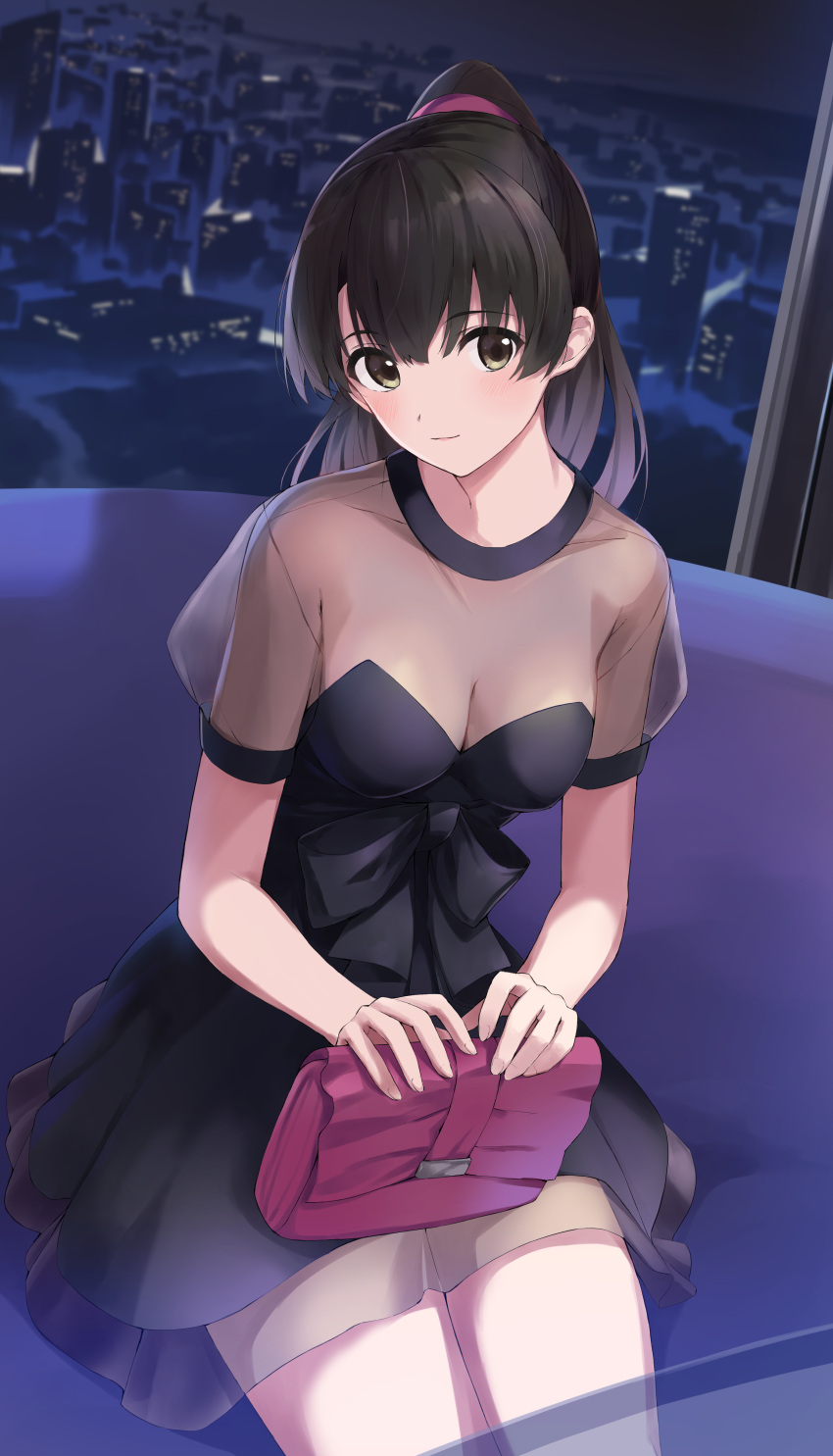 1girl absurdres alternate_costume alternate_hairstyle bag black_bow black_hair blush bow breasts brown_eyes cityscape cleavage closed_mouth commentary cowboy_shot dress ferris_wheel hair_between_eyes handbag handheld_game_console head_tilt highres indoors katou_megumi looking_at_viewer medium_breasts night nintendo_ds pink_bag ponytail saenai_heroine_no_sodatekata short_dress sitting smile solo strapless strapless_dress yanagi_marie