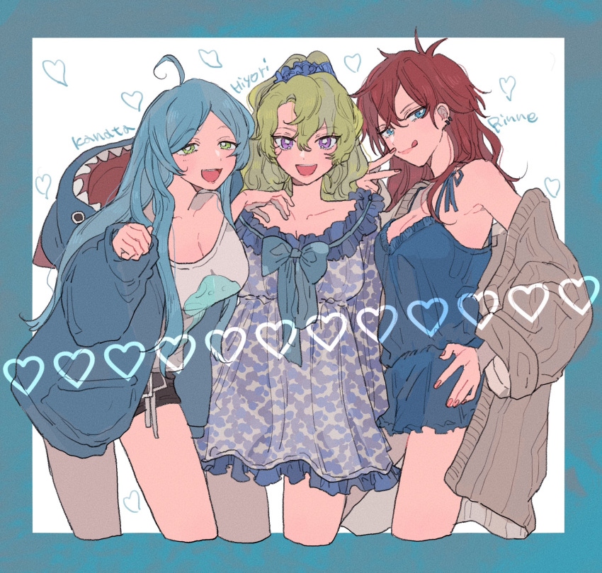 3girls ahoge amagi_rinne black_shorts blue_eyes blue_hair blue_jacket blue_shorts blue_tank_top breasts brown_cardigan cardigan character_name cleavage dppy_tmg dress ensemble_stars! genderswap genderswap_(mtf) green_eyes green_hair grey_dress grey_tank_top hand_on_own_hip highres jacket long_hair multicolored_clothes multicolored_dress multiple_girls pajamas purple_dress purple_eyes red_hair shinkai_kanata shorts tank_top tomoe_hiyori