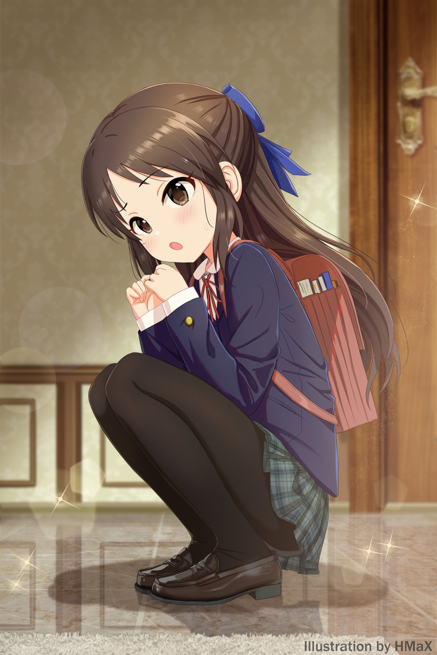 1girl :o absurdres artist_name backpack bag black_pantyhose blue_bow blue_jacket bow brown_eyes brown_footwear brown_hair commentary_request door green_skirt hair_bow highres hmax idolmaster idolmaster_cinderella_girls indoors jacket loafers long_hair long_sleeves looking_at_viewer open_mouth pantyhose plaid plaid_skirt randoseru school_uniform shoes skirt solo squatting tachibana_arisu