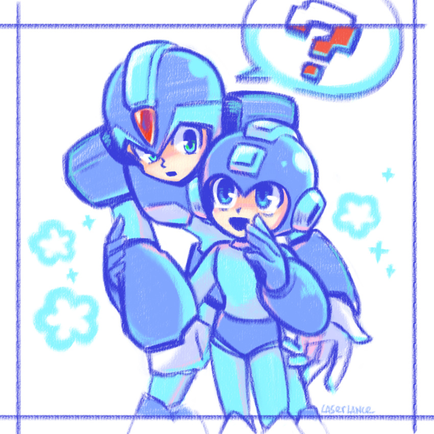 2boys ? artist_name blue_eyes green_eyes highres humanoid_robot laser-lance looking_at_another mega_man_(character) mega_man_(series) mega_man_x_(series) multiple_boys open_mouth robot speech_bubble spoken_question_mark x_(mega_man)